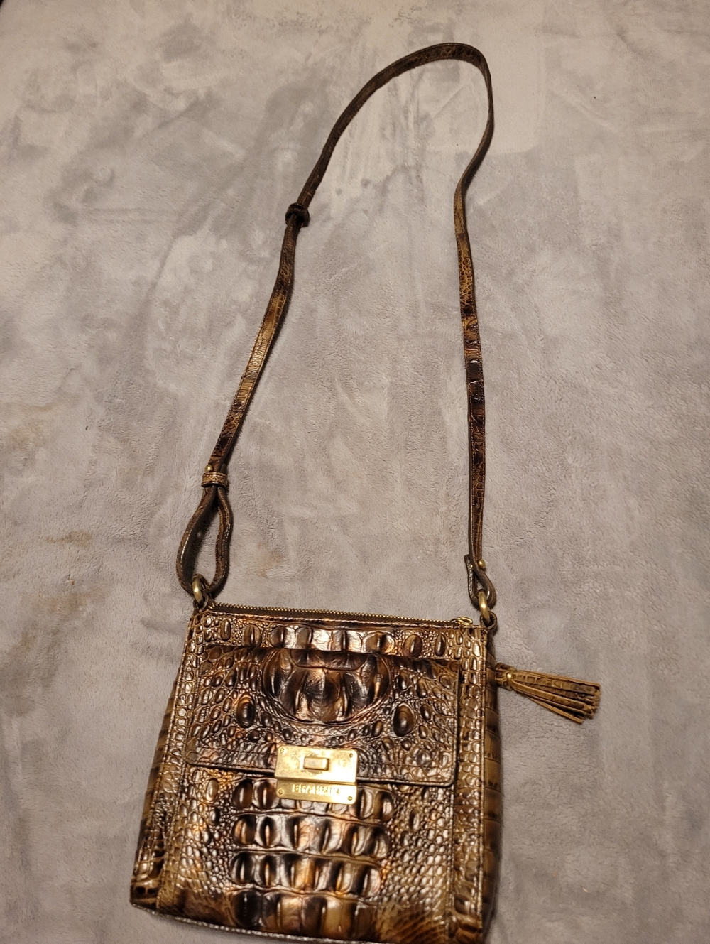 Brahmin Metallic Bronze Croc-Embossed Crossbody with Tassel